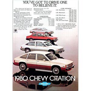 1980 Chevy Citation Lineup 2 Door 4 Hatchback Vintage Print Ad Economy Wall Art